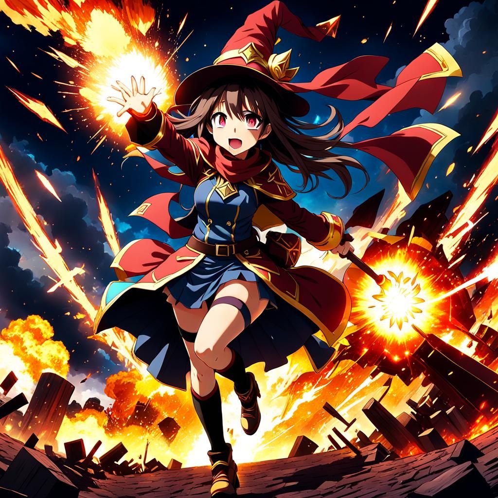 Megumin Wizard Girl with Explosion Background in Anime Style