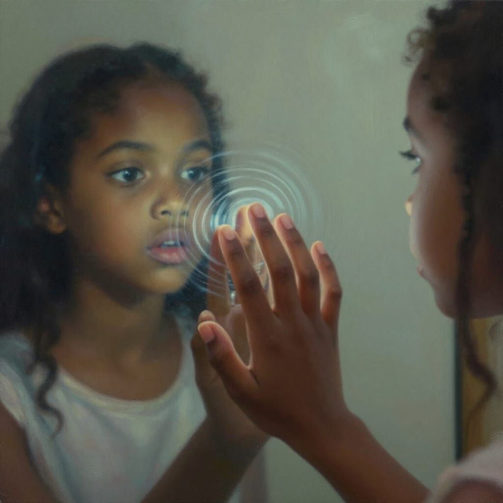 Surreal Reflection of Girl's Hand in Water-Like Mirror