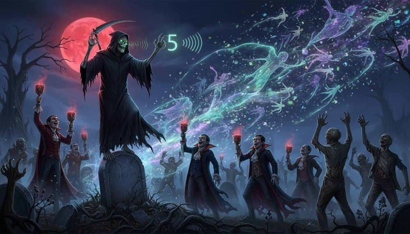 Grim Reaper Counts Down New Year in Graveyard