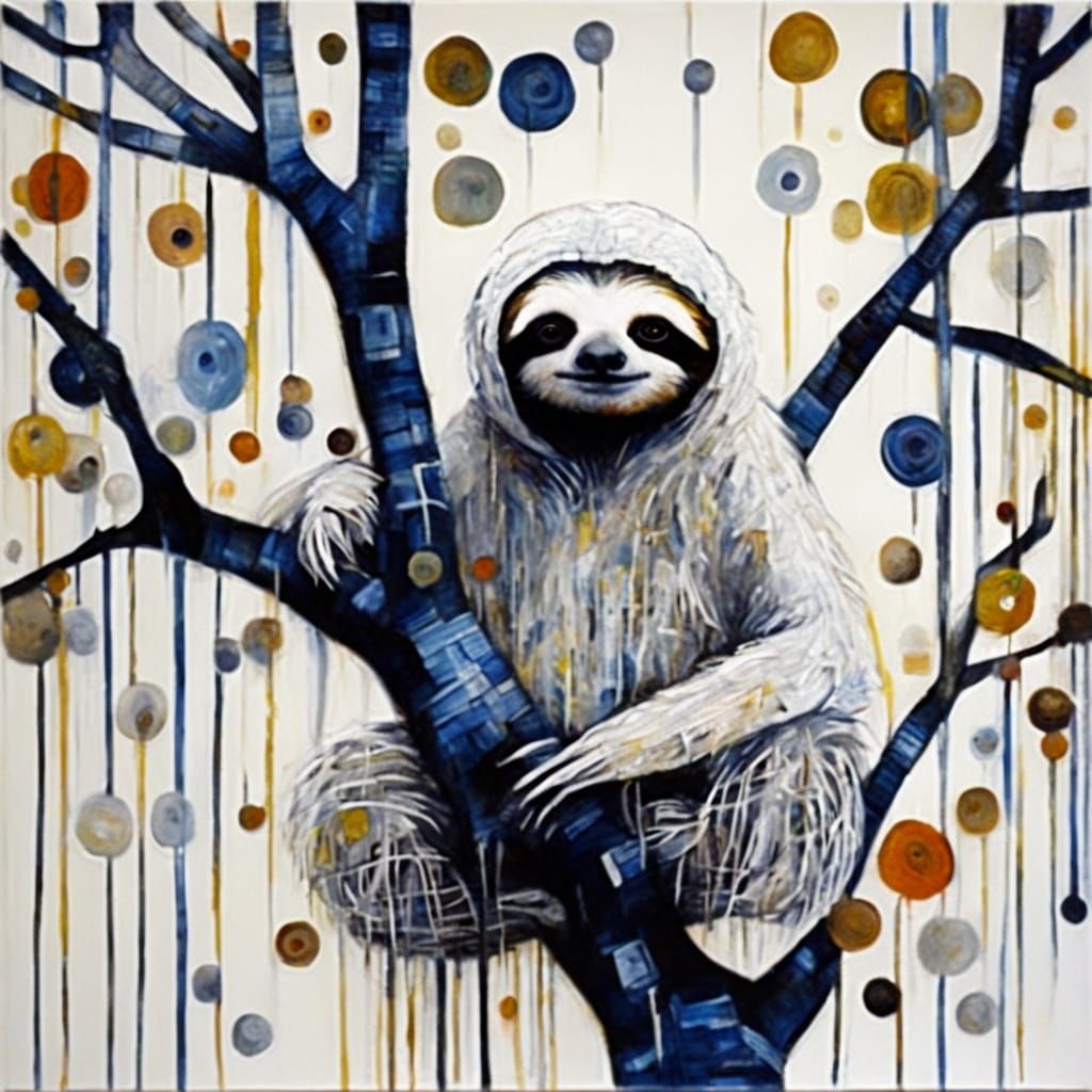 Sloth Hanging in Tree, Encaustic Painting, Textured and Prim...