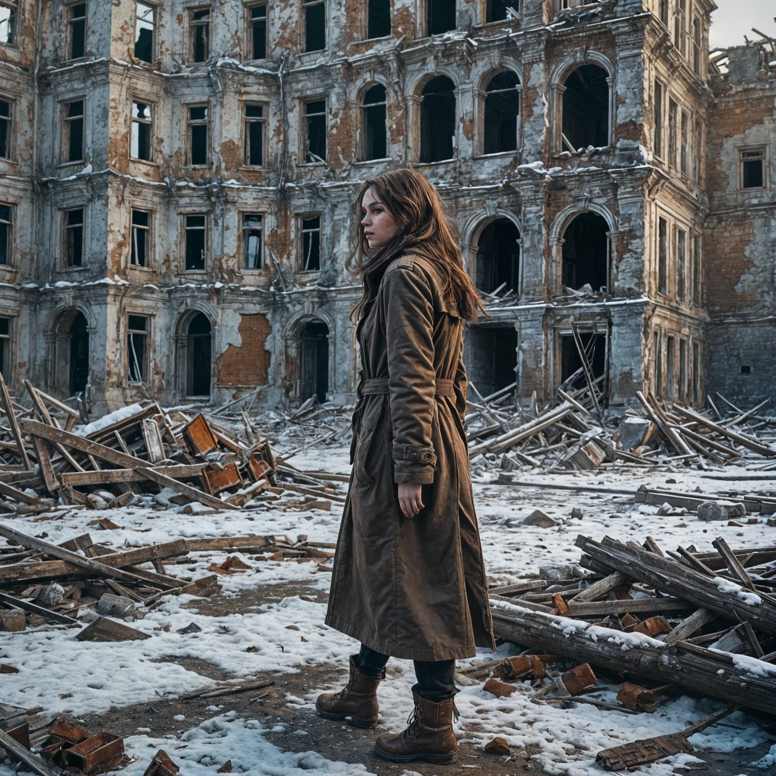 A Woman in Macabre Winter Ruins, a Russian Town's Deserted L...