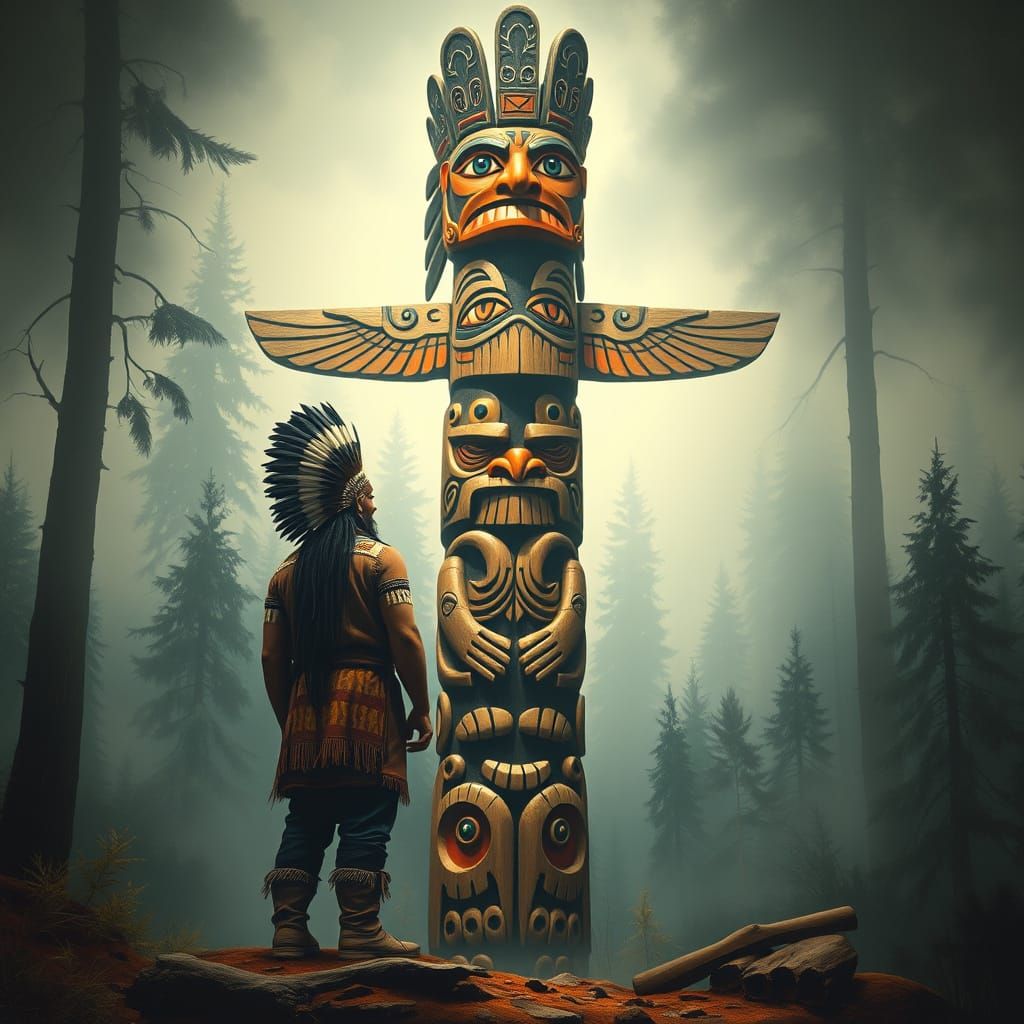 Native American Figure Before Totem Pole in Misty Forest