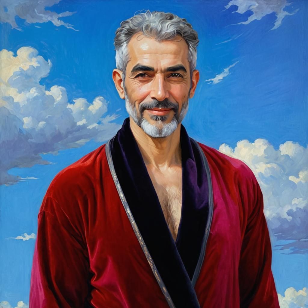 Serene Iranian Man in Velvet Robe: Art Nouveau Portrait
