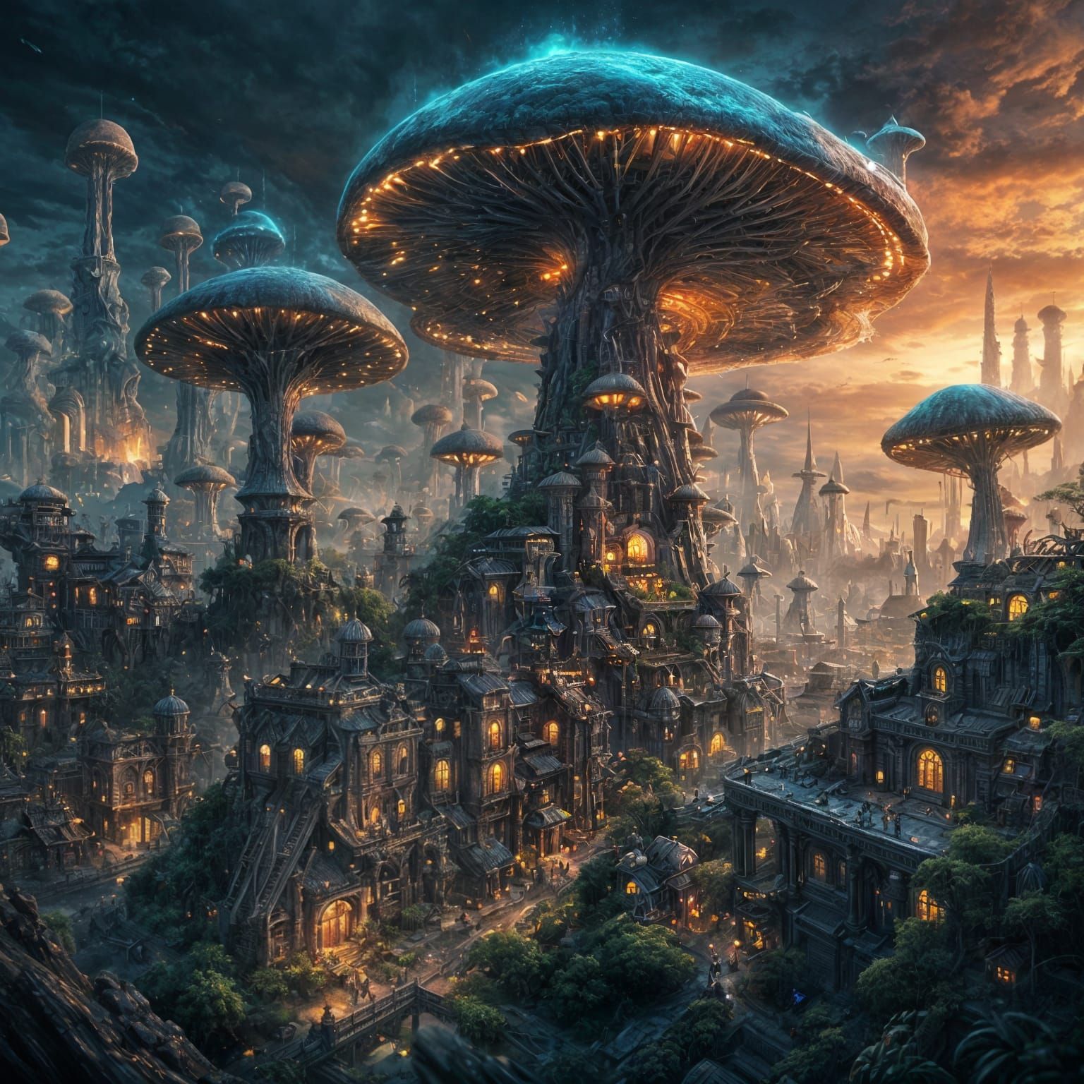 Bioluminescent Mushroom City in a Bottle: Digital Matte Pain...