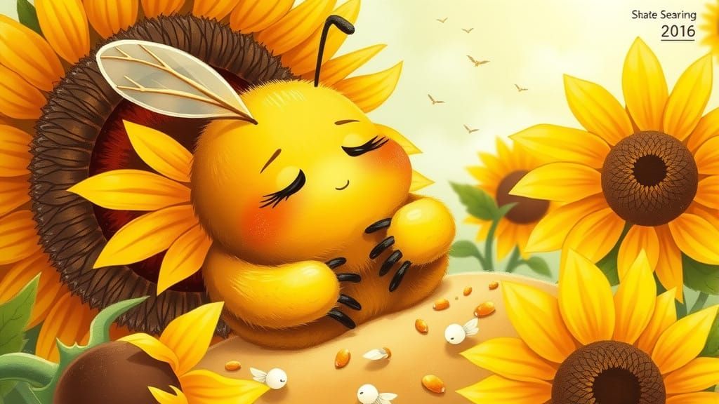 Bumblebee's Nap on Sunflower in Storybook Style