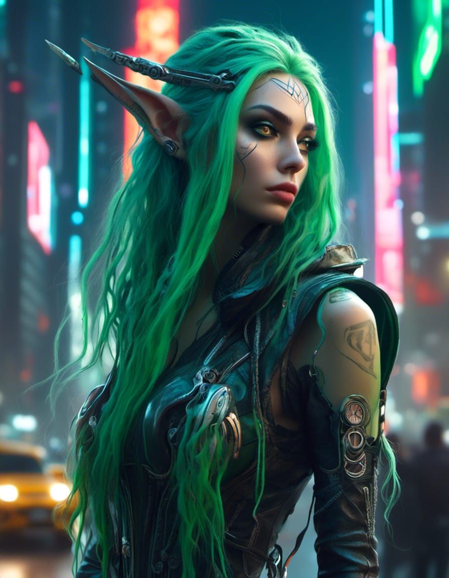 Cyberpunk Dark Elf Goddess in Hyperreal Detail