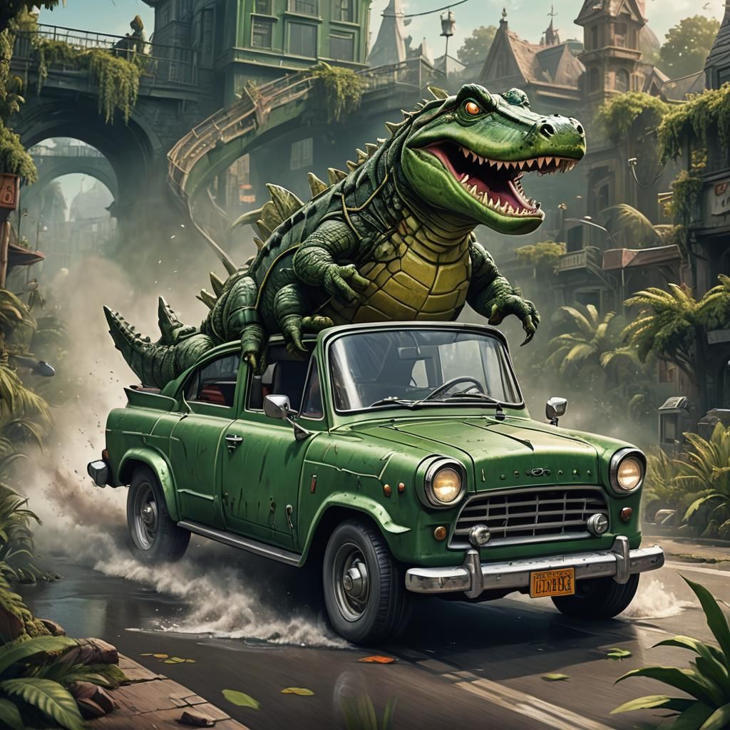 Cartoon Alligator Offers Free Rides in Green Car