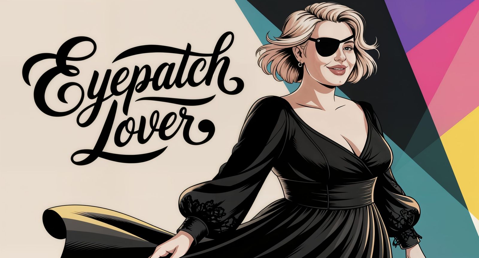 Fine Art Poster of Woman with Eyepatch and Calligraphy