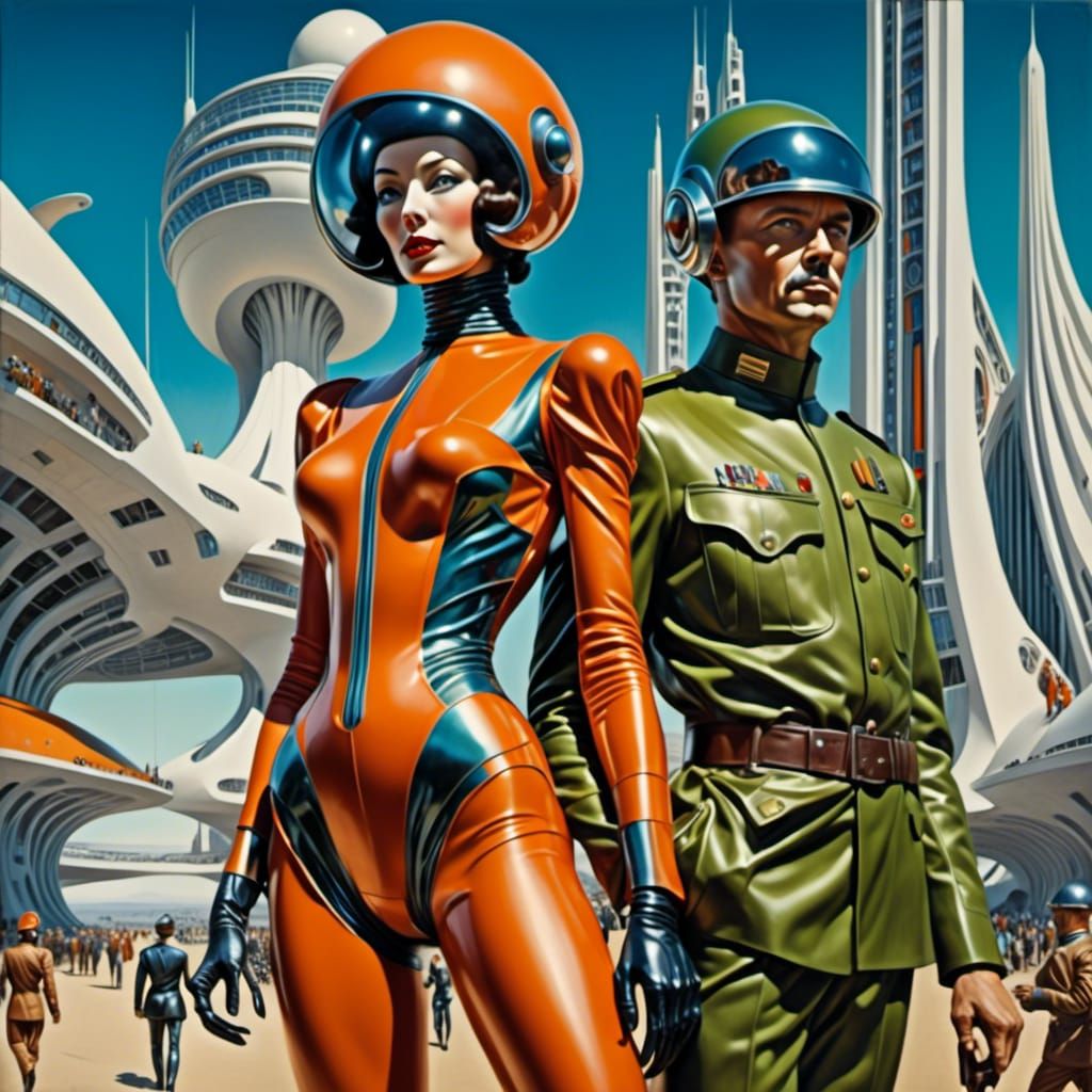 Retro Spaceport: Alien Woman and Soldier in Oil