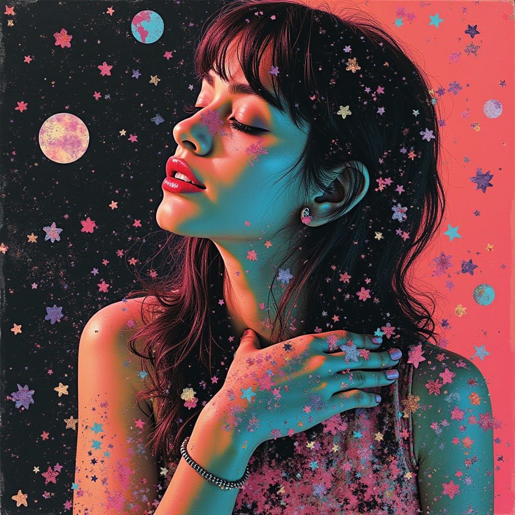 Glitchy Collage of Woman with Star Patterns and Planets