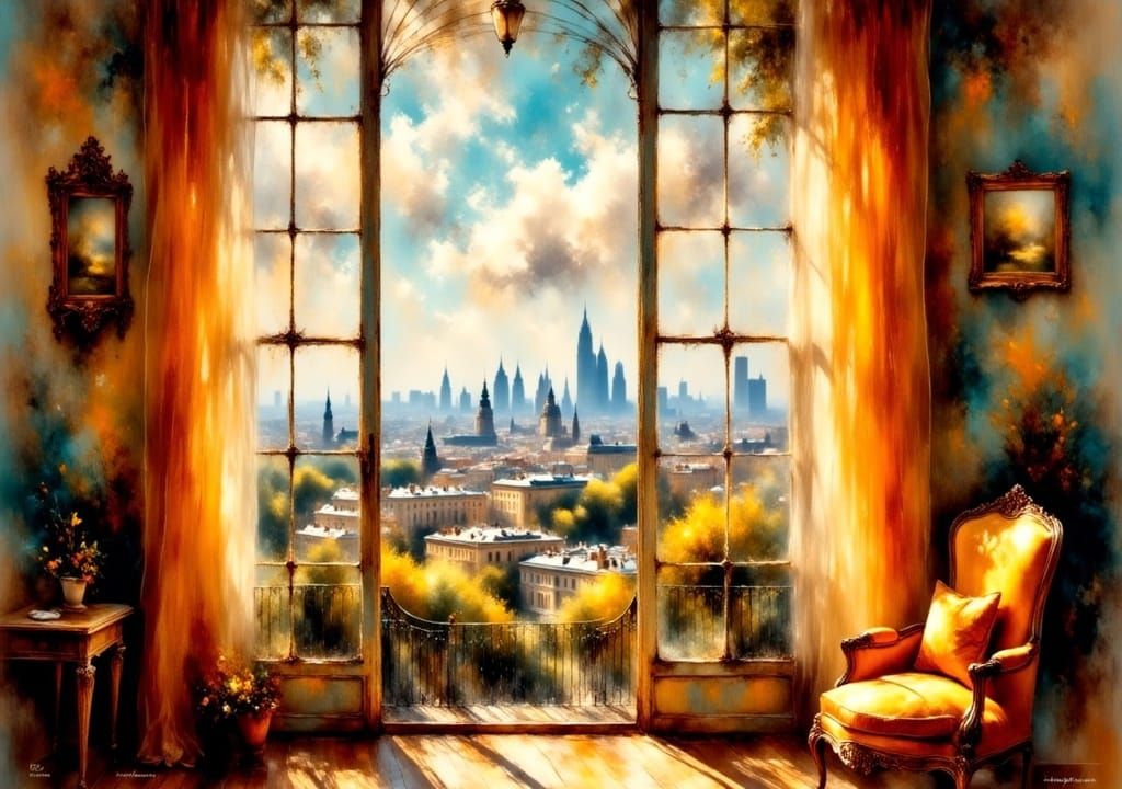 City View Through Window in Impressionist Style