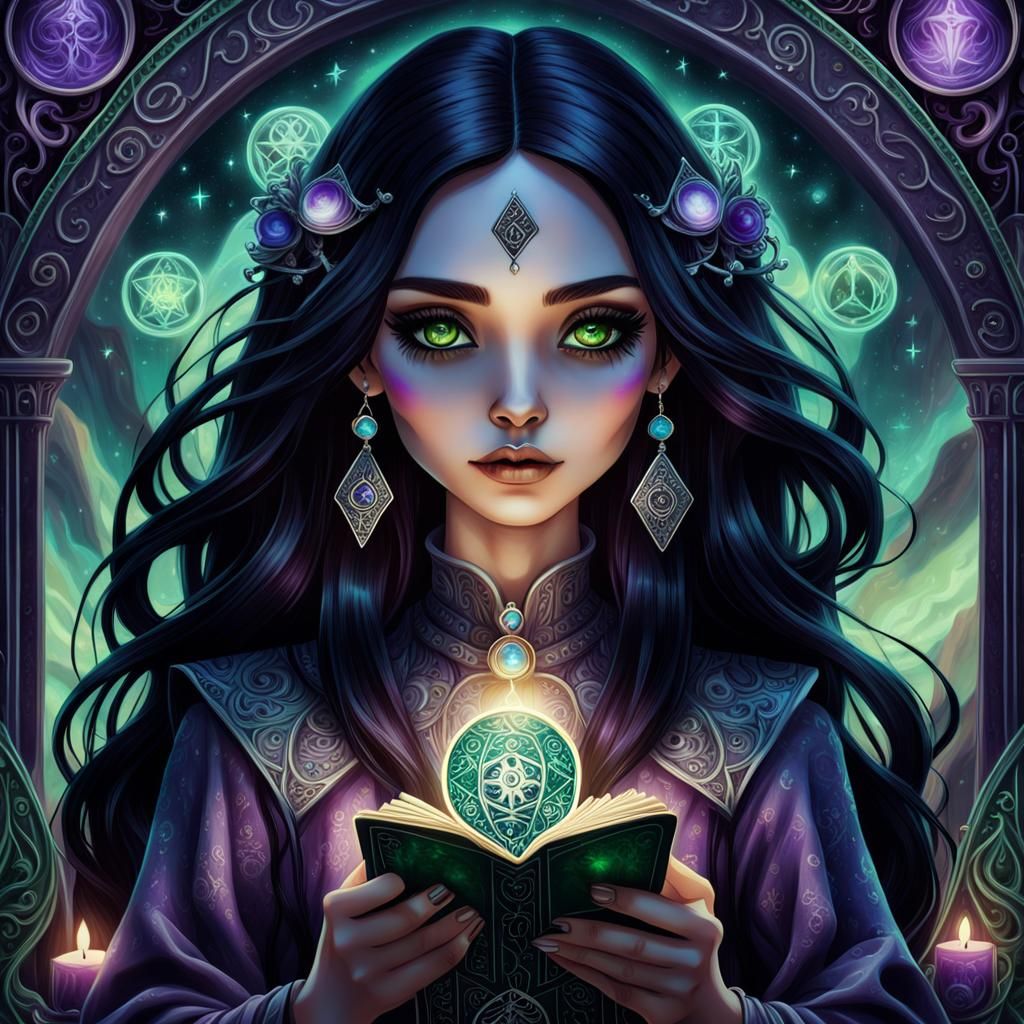 Mystical Girl with Tarot Card in Tim Burton Style