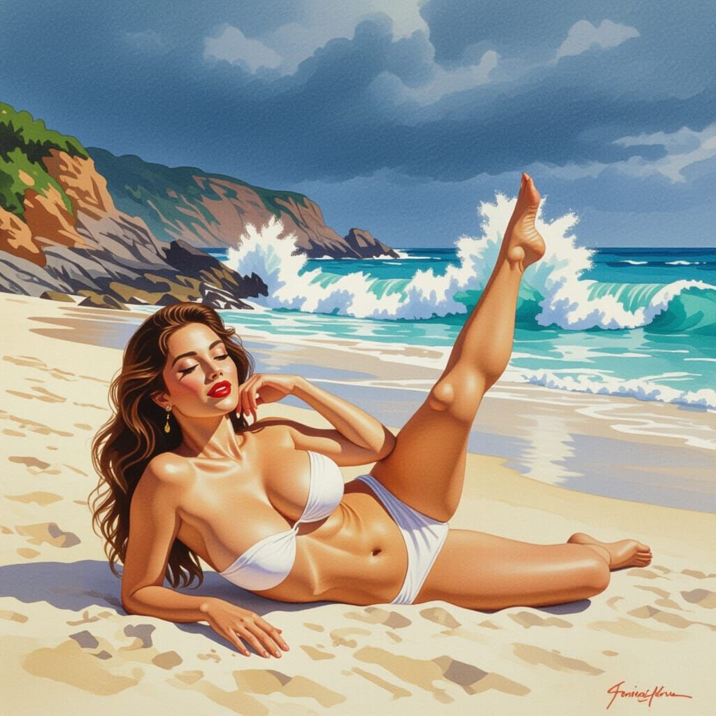 Mediterranean Woman Resting on Beach in Storm