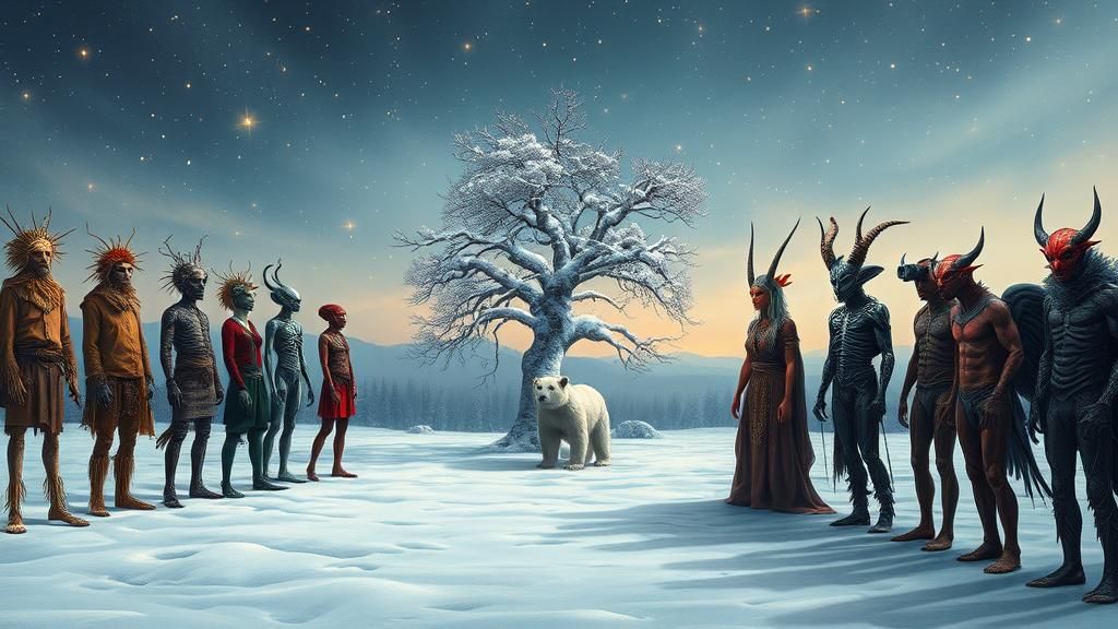 Surreal Winter Assembly in Mystical Magic Realism