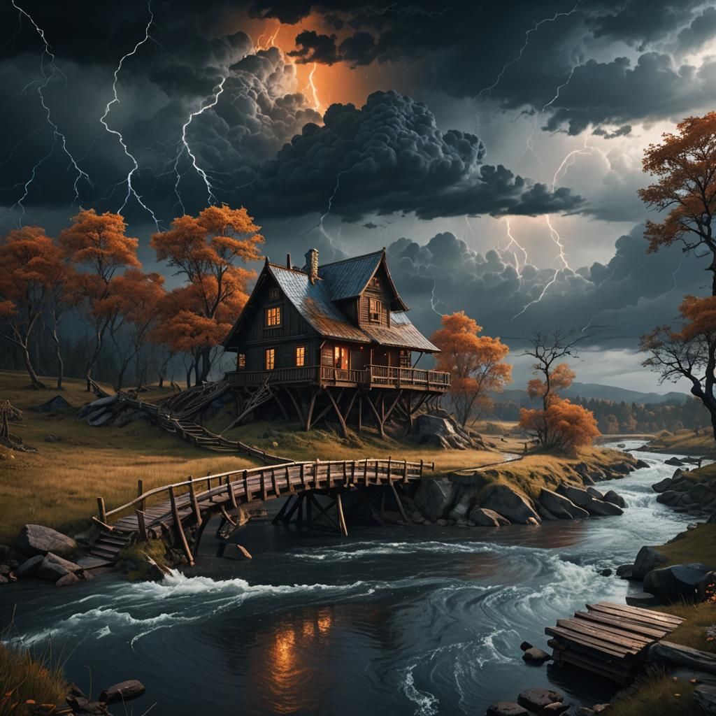 Stormy Landscape with House and Bridge: Fantasy Art