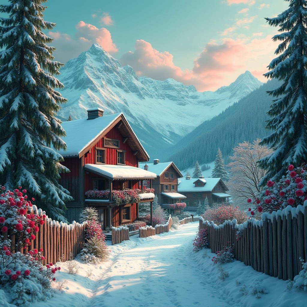 Winter's Mystical Alpine Village in Crimson and Turquoise