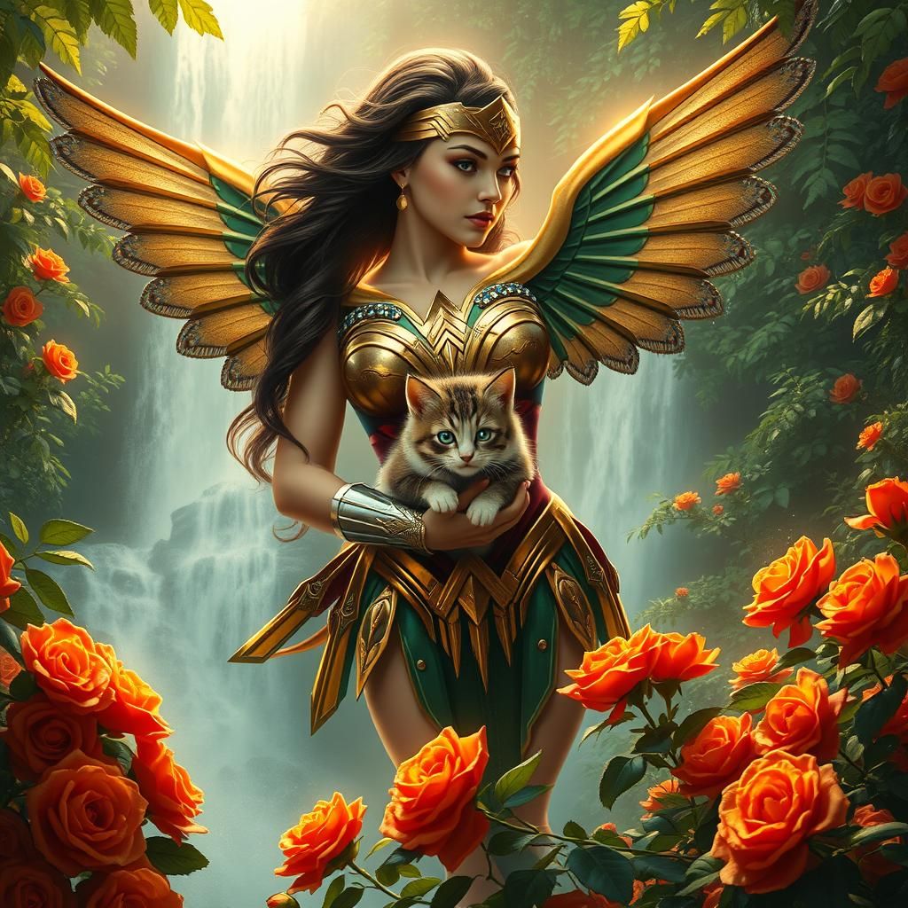 Wonder Woman with Kitten in Rainforest, Fantasy Art