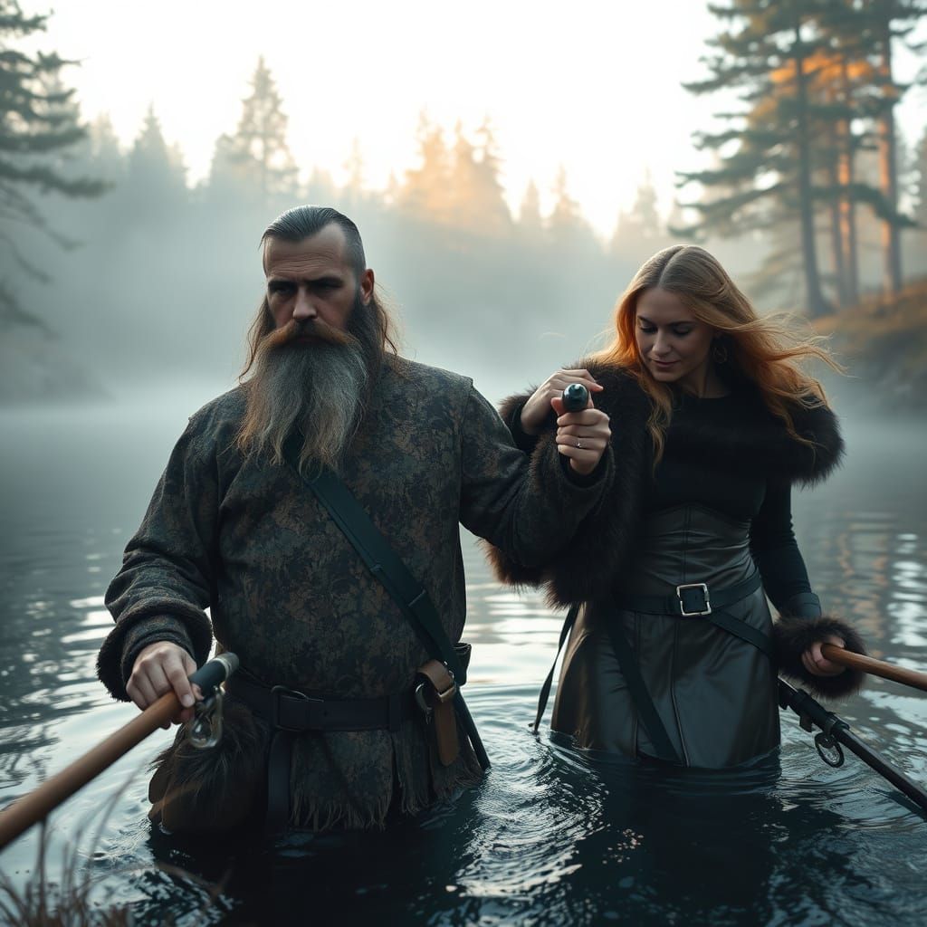 Viking Couple Fishing in Nordic River: Hyperrealistic Style