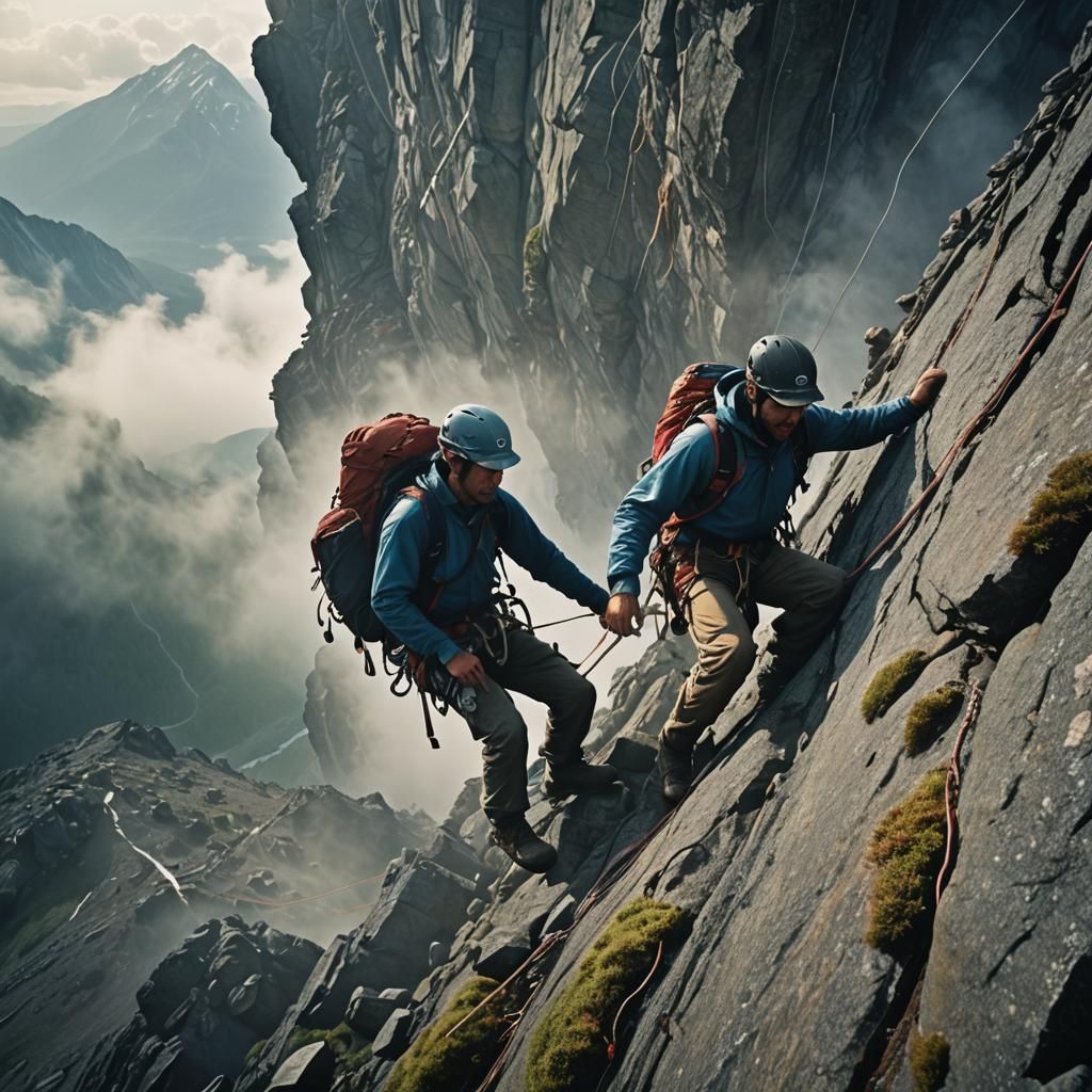 Climber's Perilous Ascent on Mist-Shrouded Peak