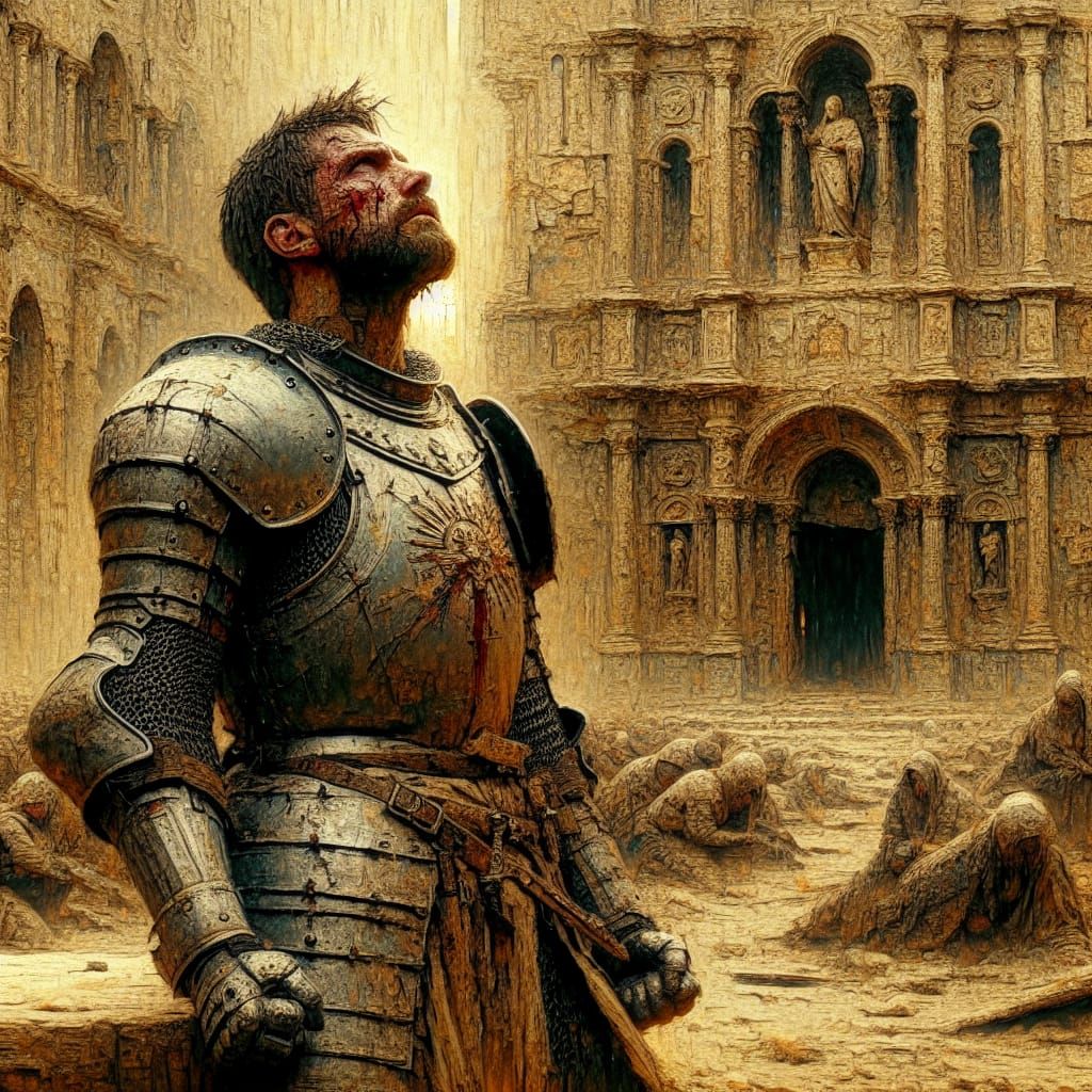 Exhausted Knight Praying in Ruins: Impressionistic Matte Pai...