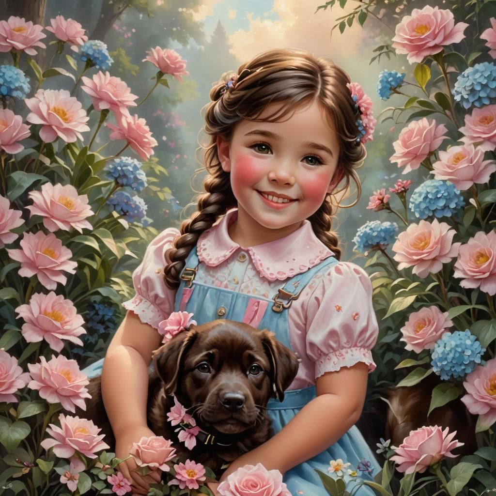 Girl and Dog in Garden, Kinkade Style