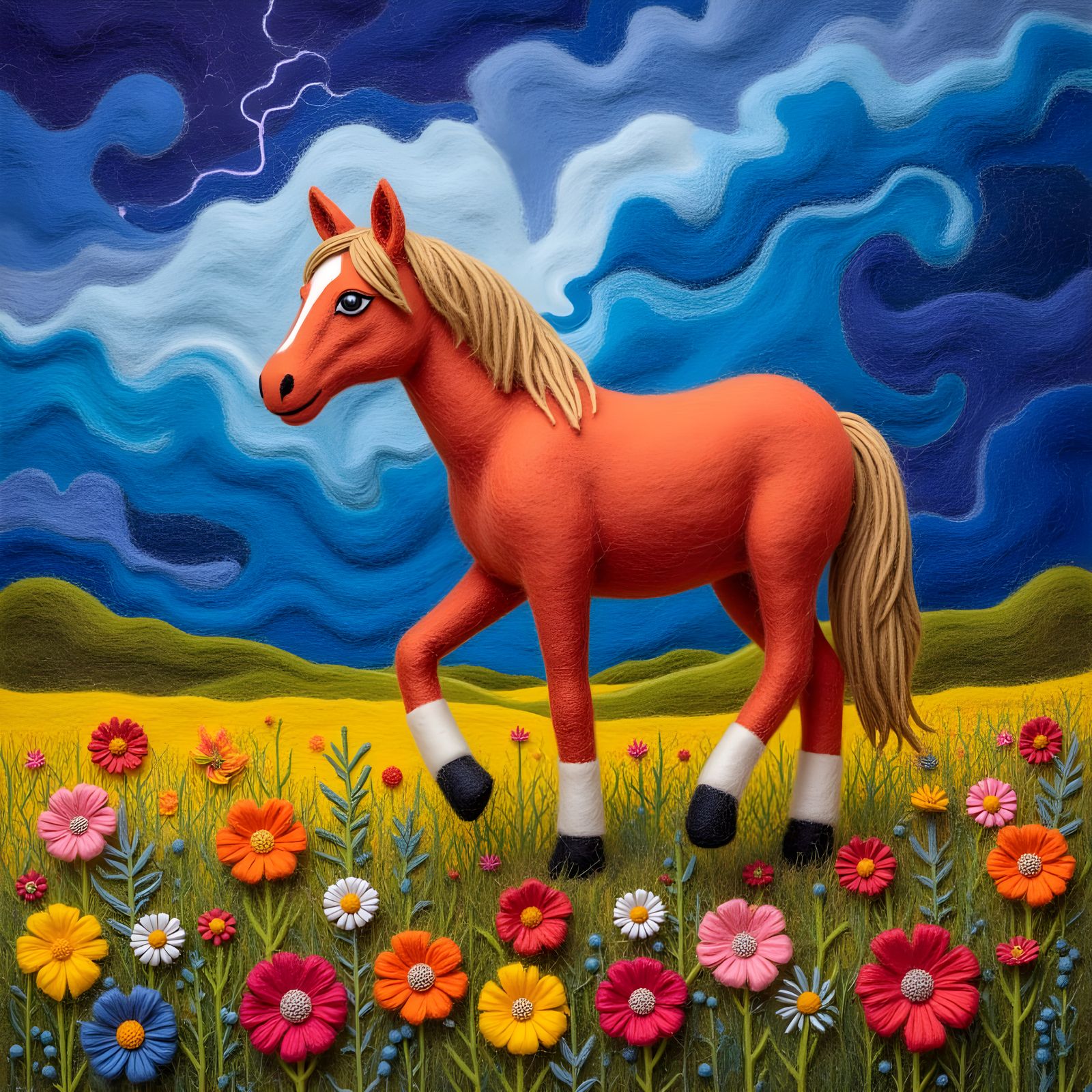Felted Horse in Wildflower Meadow with Van Gogh Sky