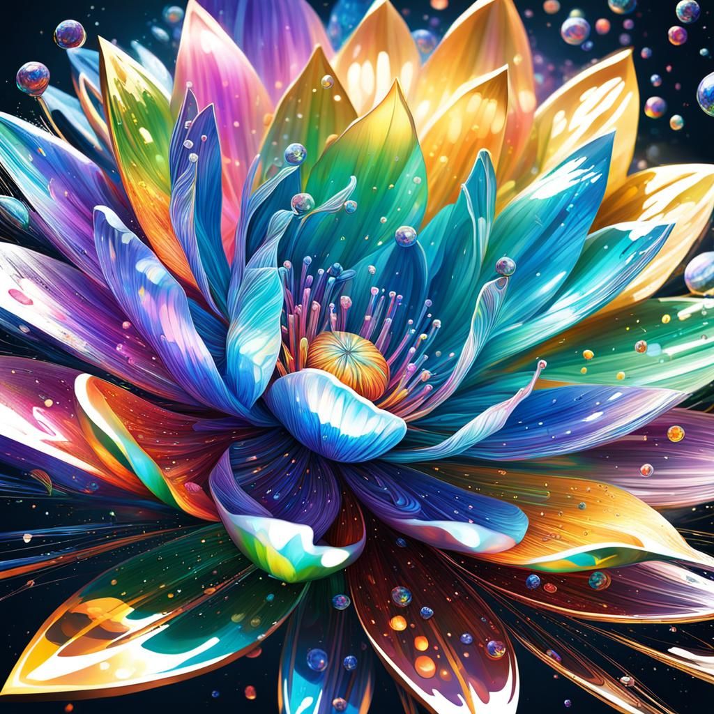 Iridescent Flower Shimmers in Moonlight: Hyperrealistic Spla...