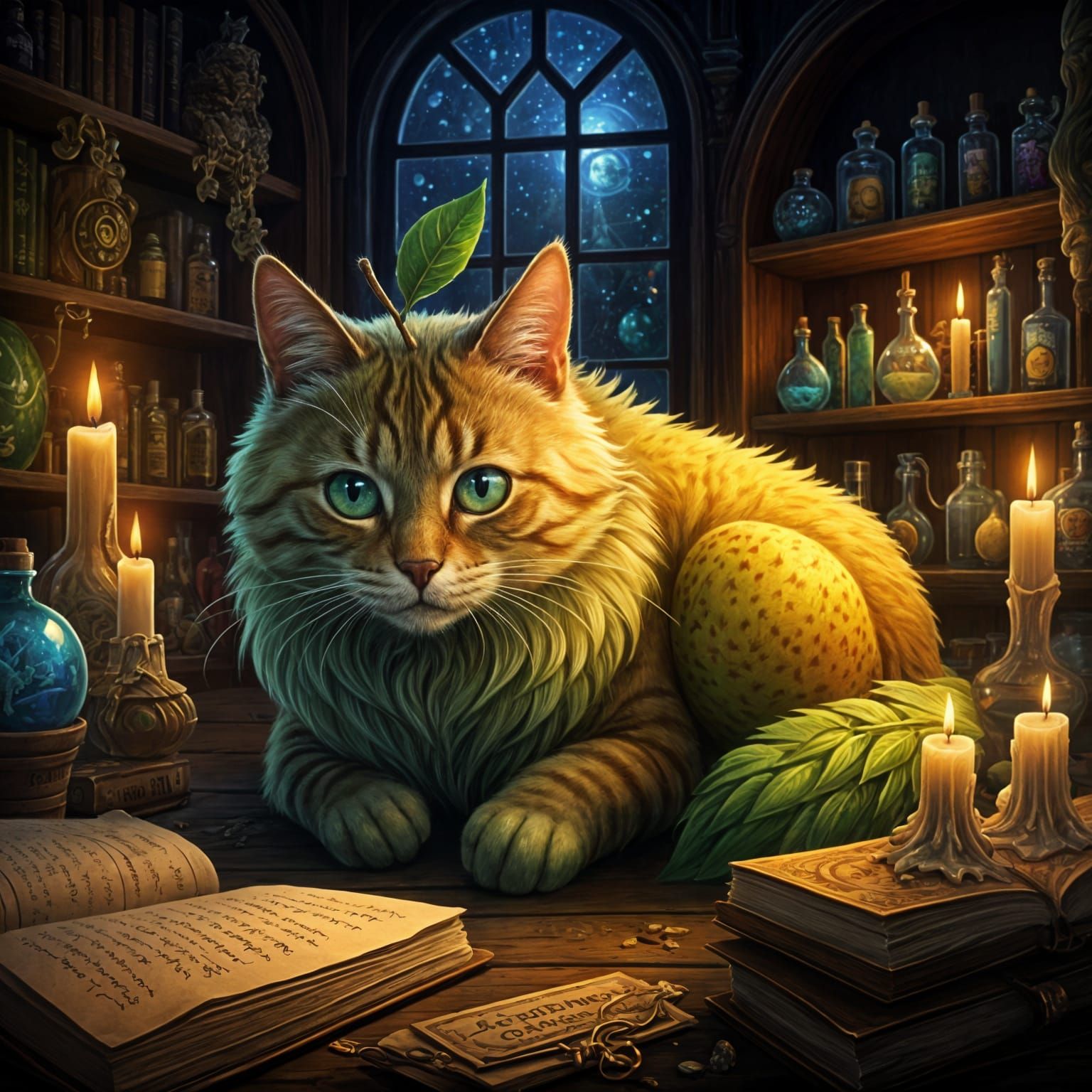 Cute Cat Pear Hybrid in Whimsical Potion Shop Fantasy Art