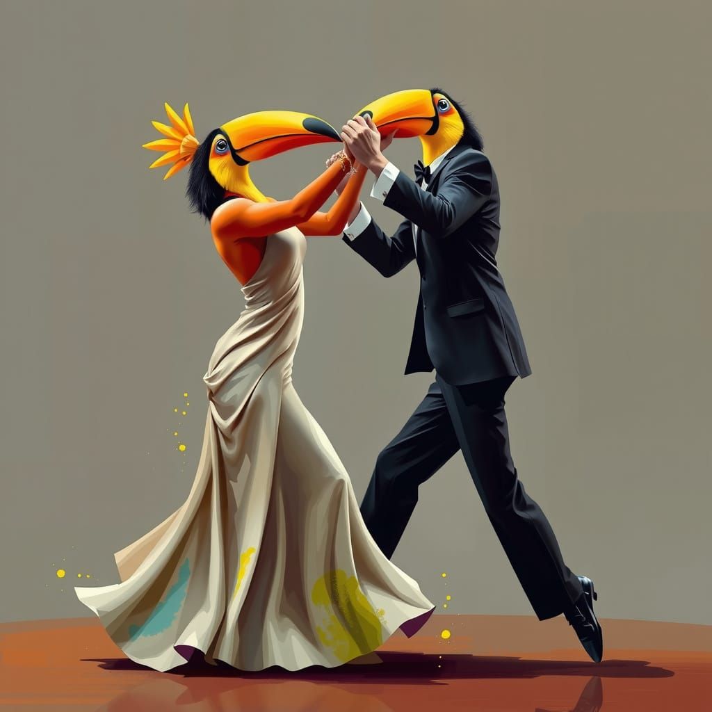 Toucans Dance Tango in Elegant Gown and Tuxedo