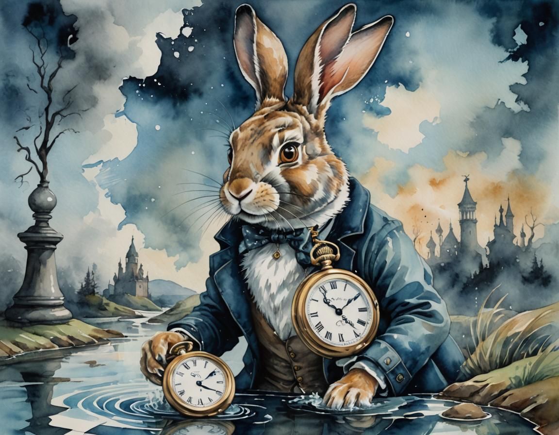 Surreal Rabbit with Pocket Watch in Watercolor Dreamscape