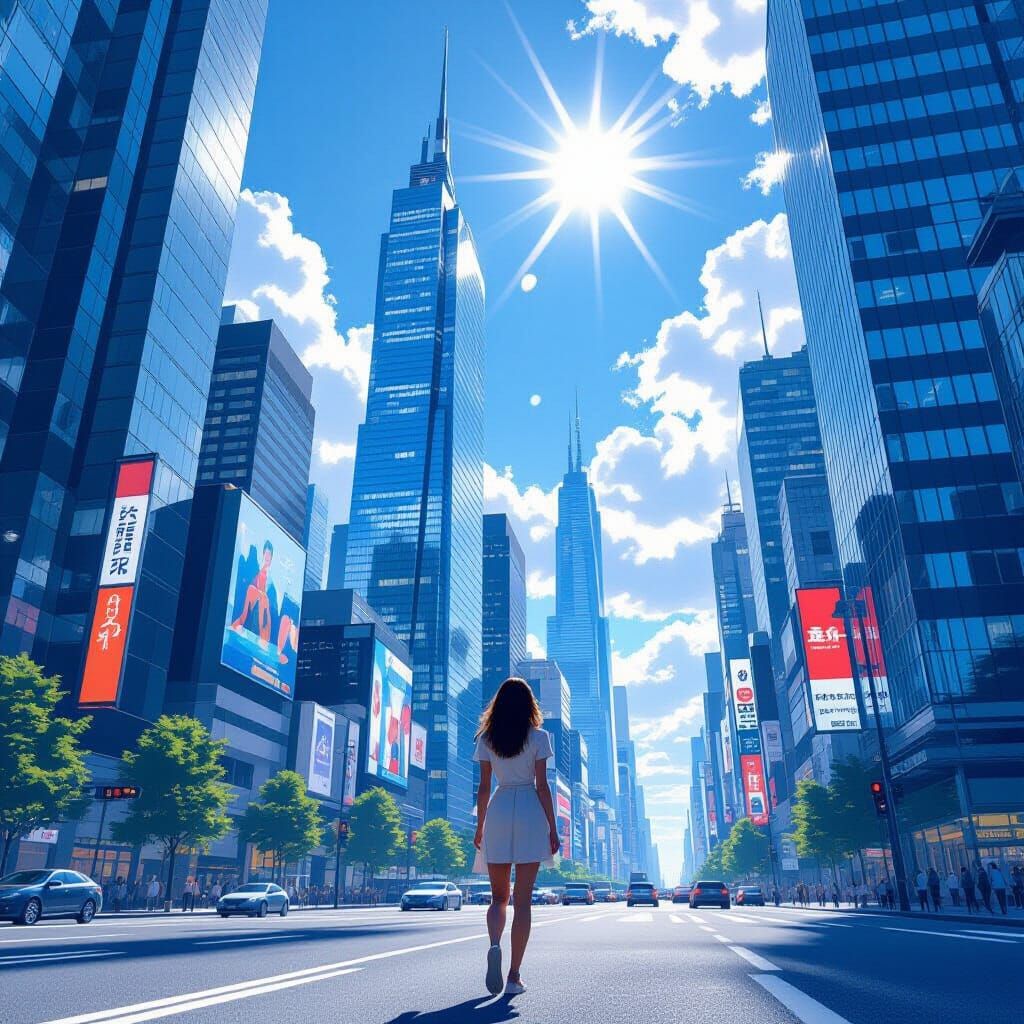 Futuristic Cityscape with Woman Gazing Upwards