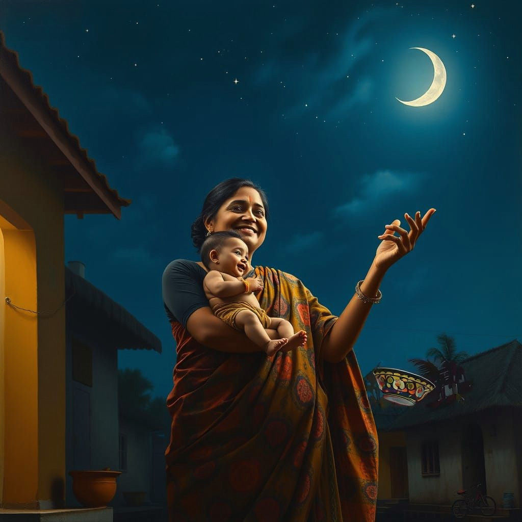 Mother Reveals the Night Sky in Oil Painting Style