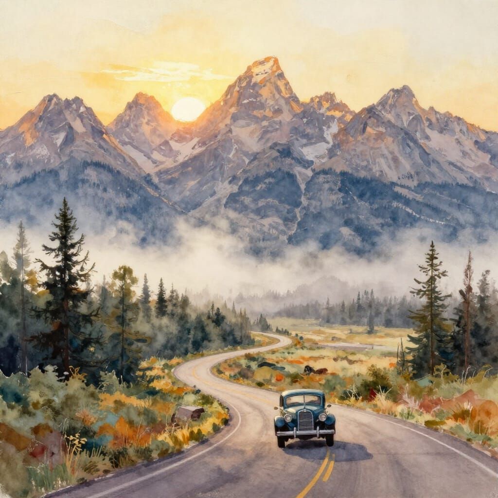 Tetons Sunset Watercolor Landscape with Antique Car