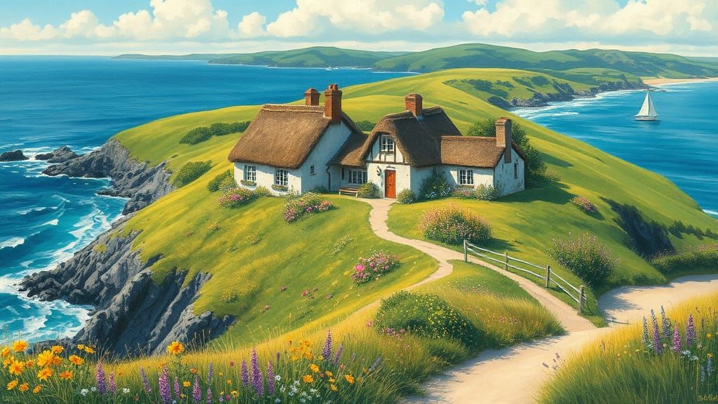 Whimsical Irish Cottage by the Sea in Gouache Style