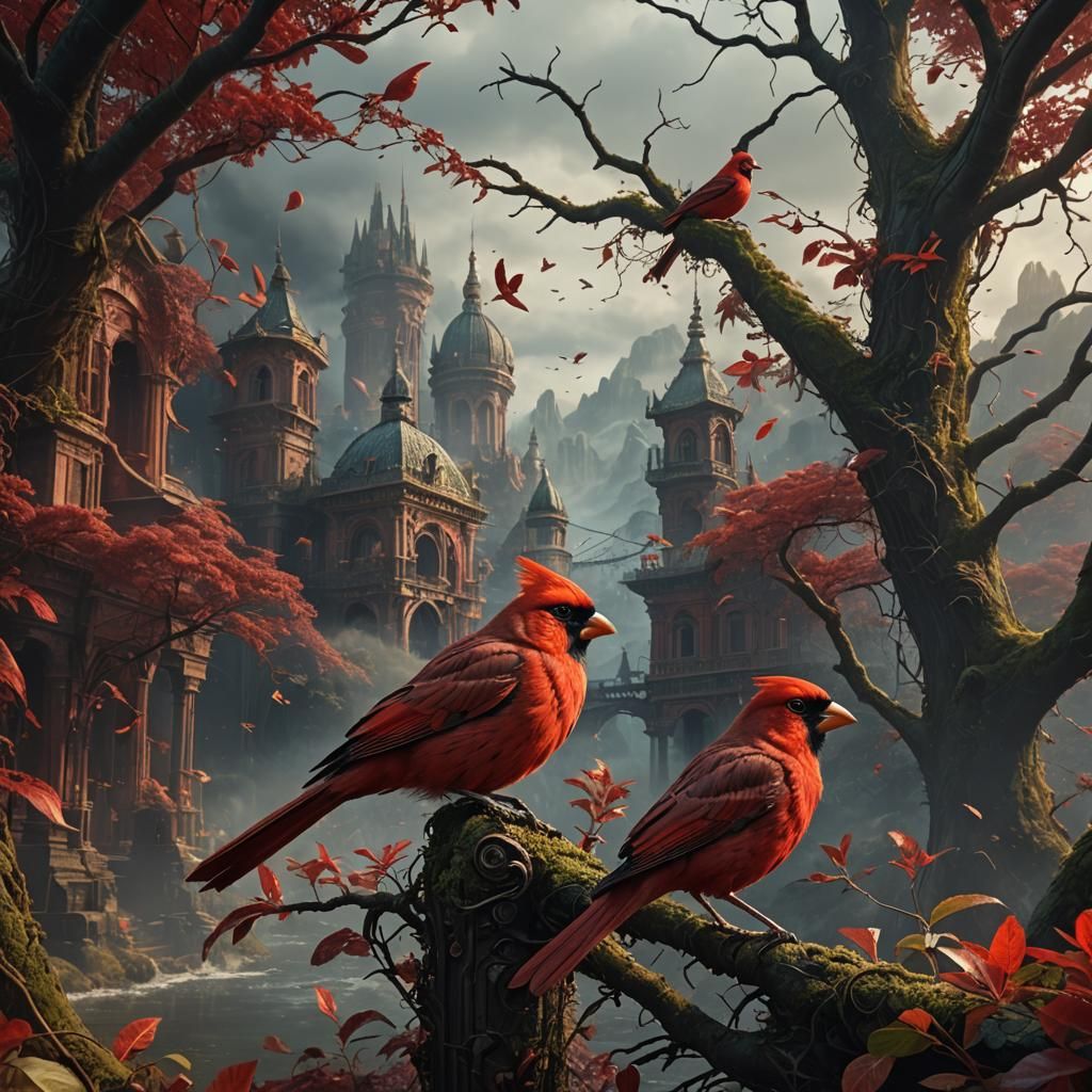Cinematic Red Bird Digital Matte Painting