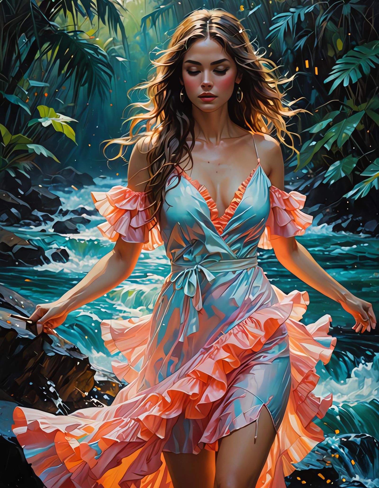Neon Water Dress as Impasto Oil Painting