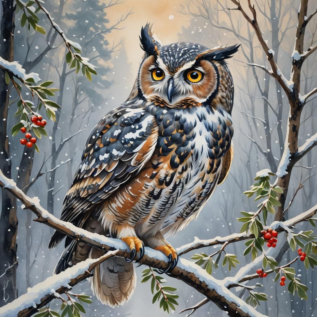 Cute Owl with Mistletoe in Gouache Watercolor