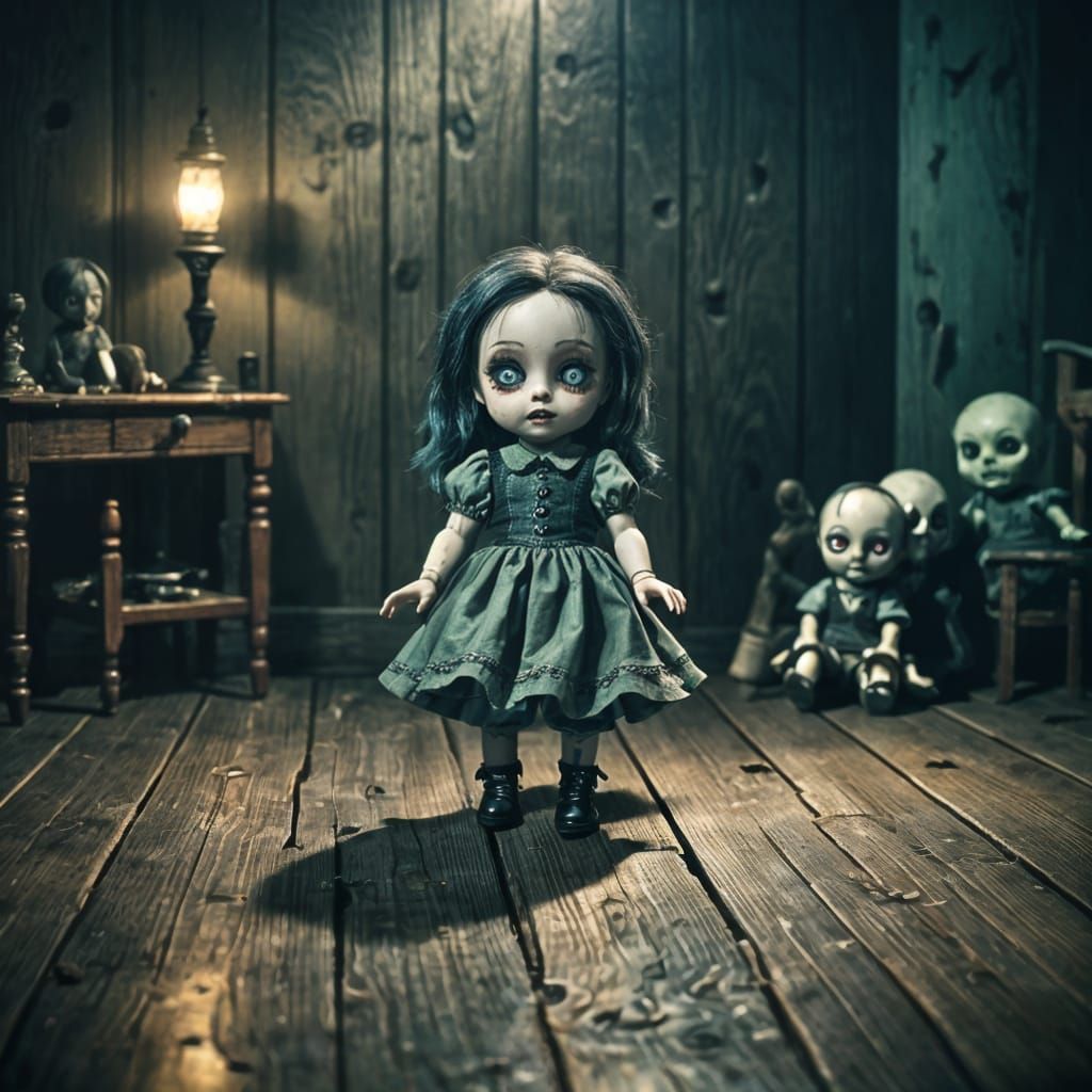 Eerie Glowing-Eyed Chibi Dolls in Dark Cinematic Style