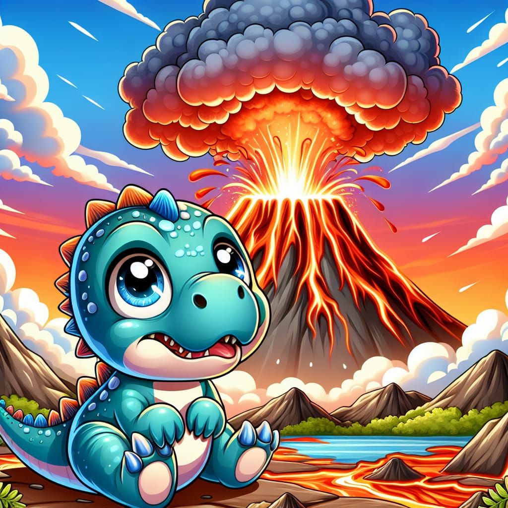 Anxious Baby Dinosaur and Erupting Volcano