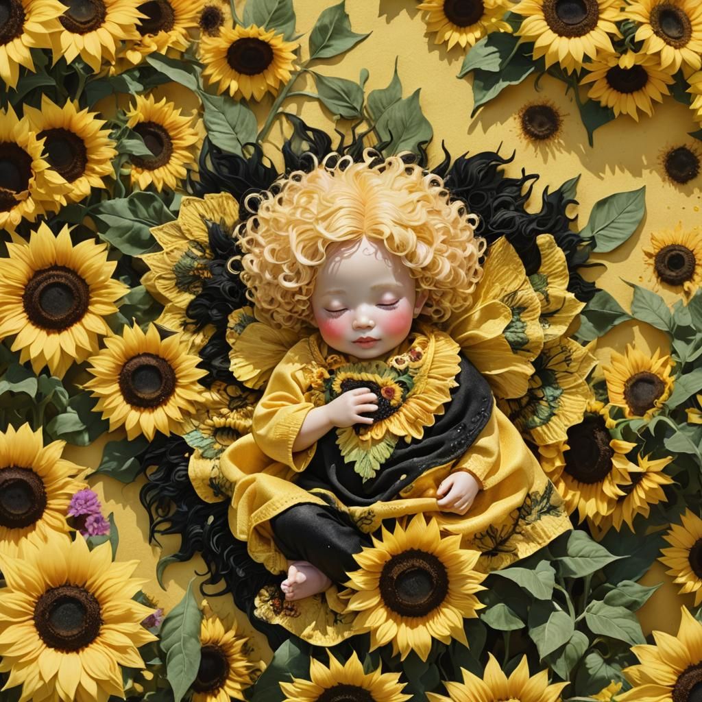 Fairy Baby Asleep in Sunflower Garden