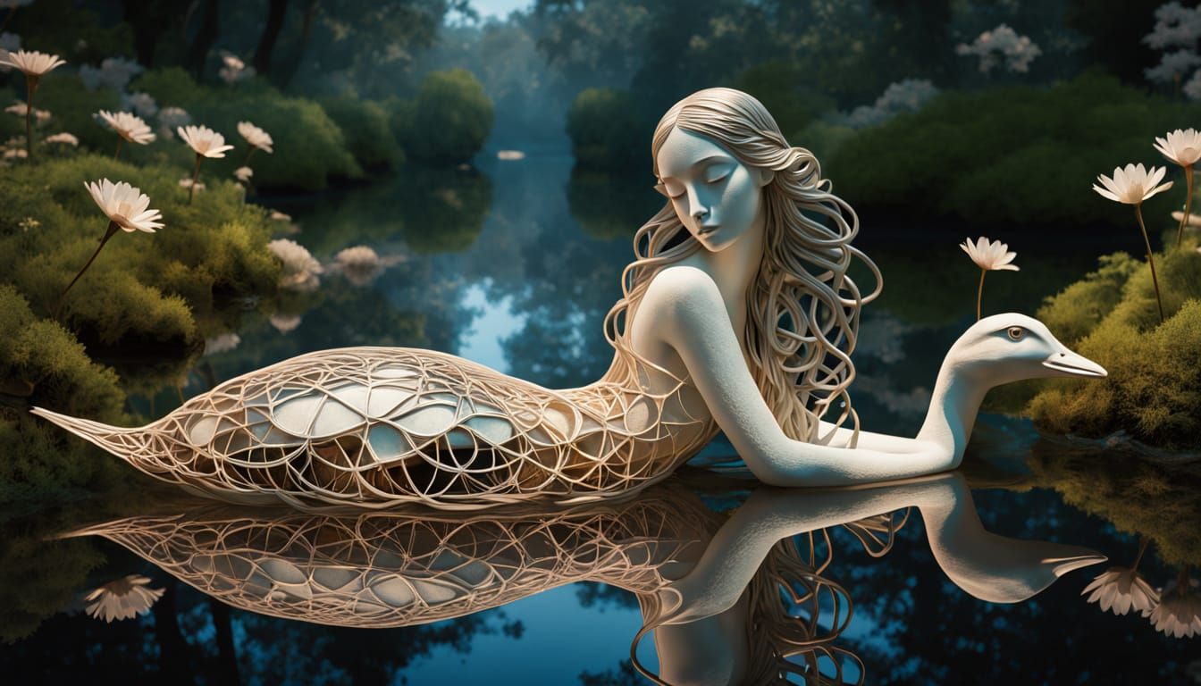 Surreal Bioluminescent Sculpture of Woman Embracing Bird