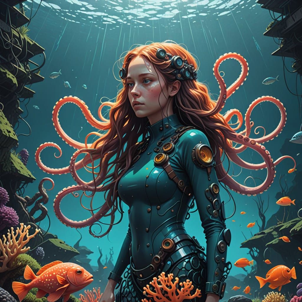 Elegant Octopus on Coral Reef, Miyazaki Style