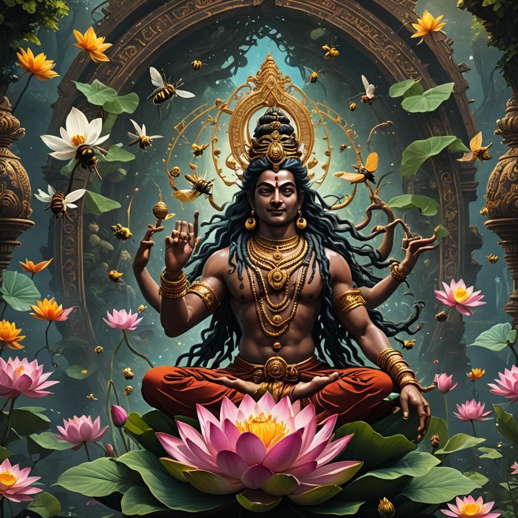 Shiva Shakti Ardhanarishvara with Bees and Lotus