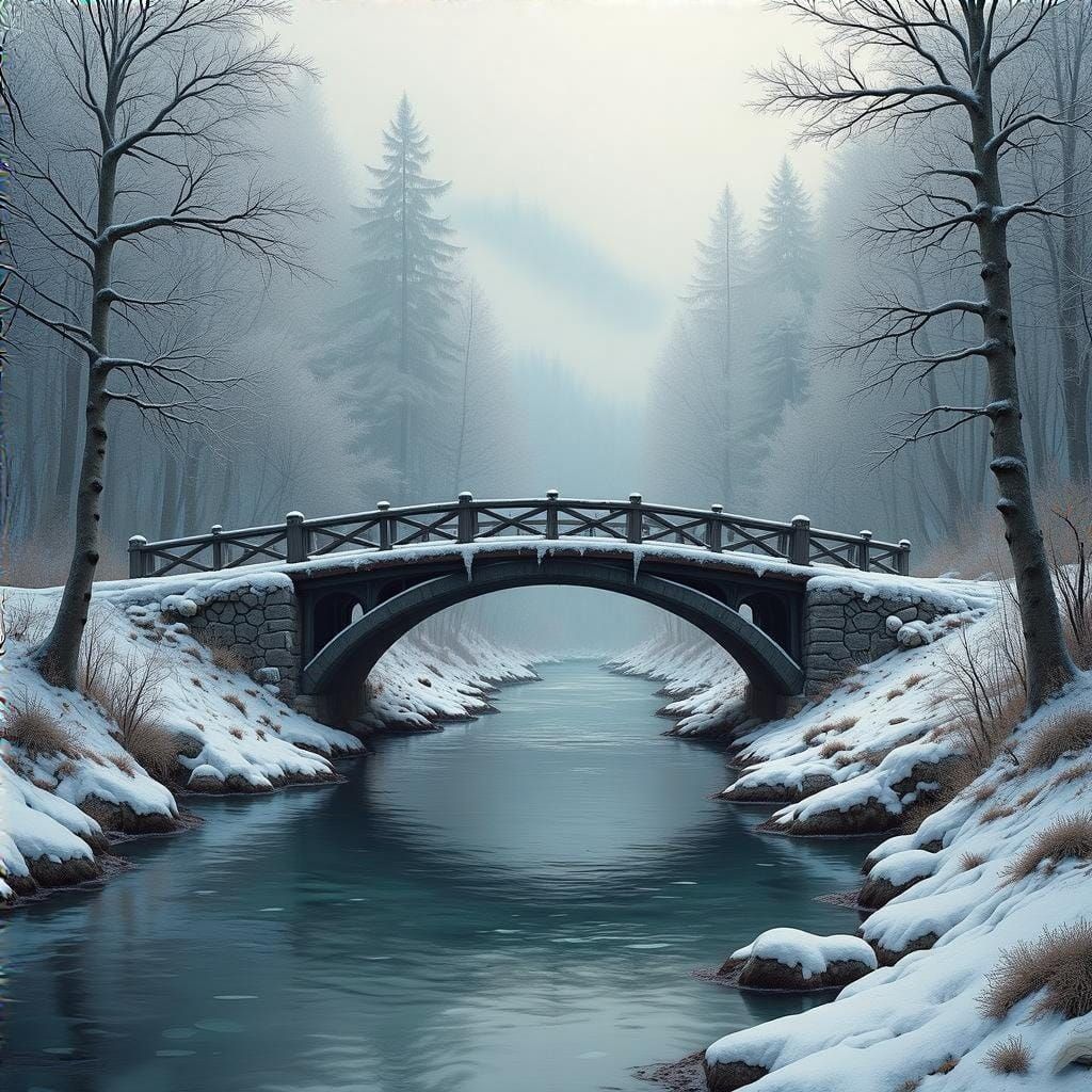 Snowy Bridge Over River in Mystical Landscape Style