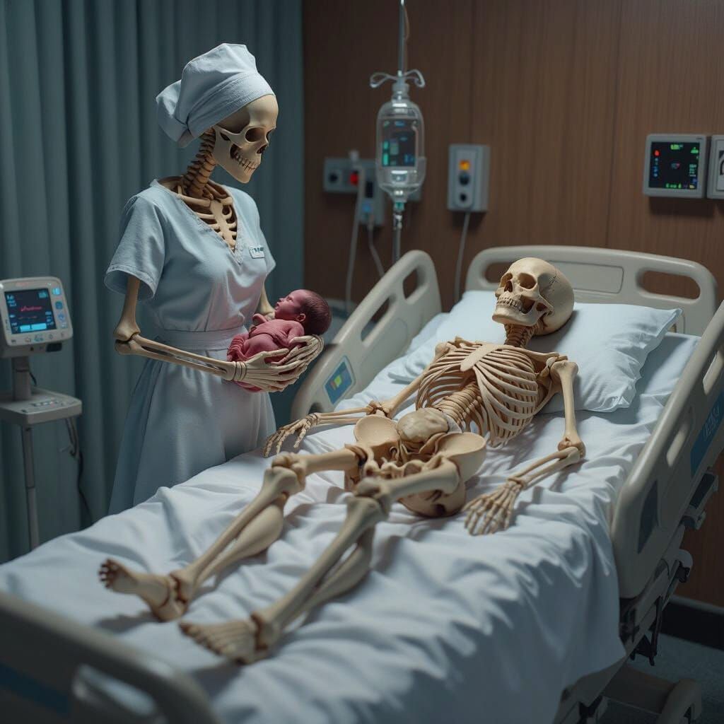 Eerie Delivery Room Scene with Skeletal Nurse and Newborn