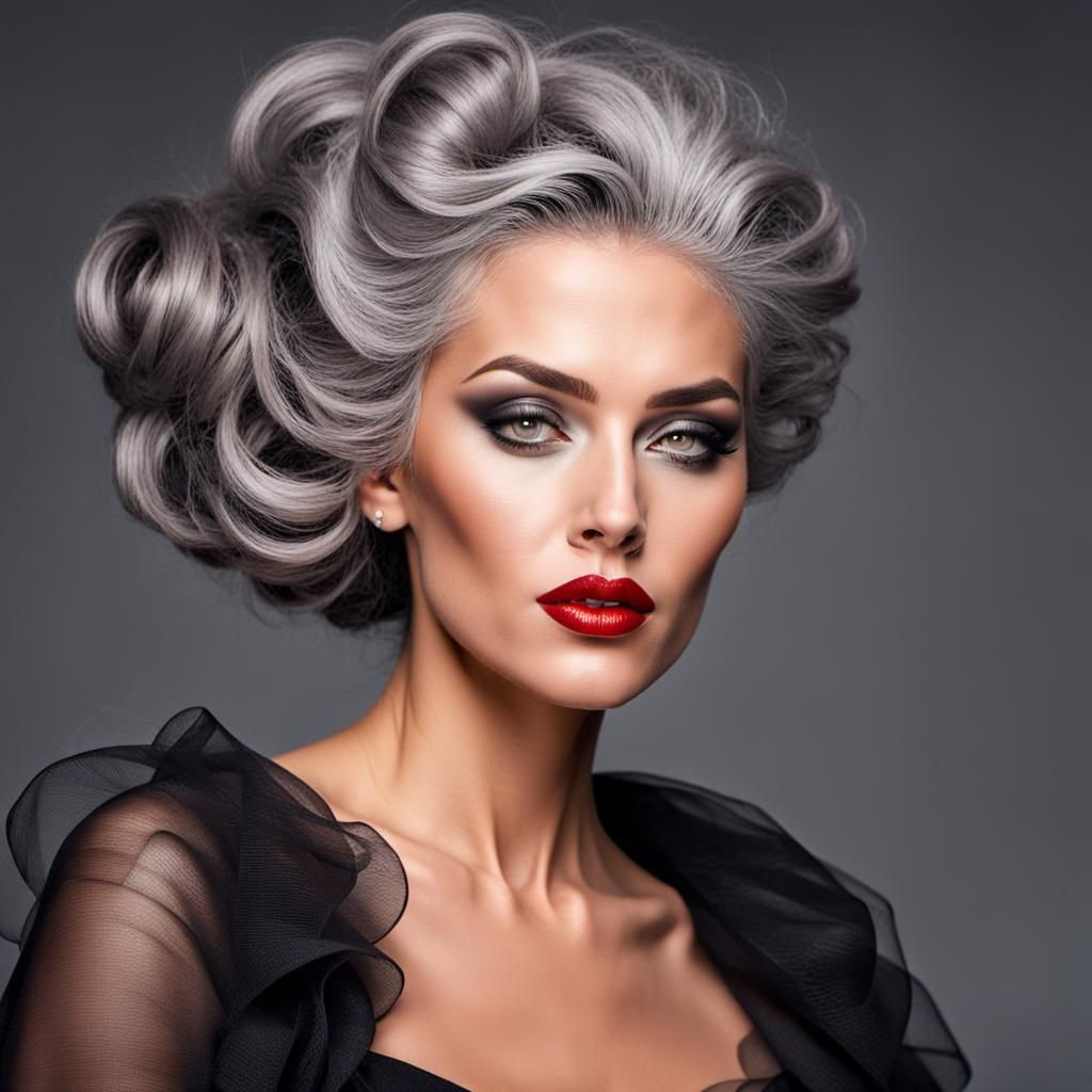 Glamorous Woman with Grey Hair and Red Lips