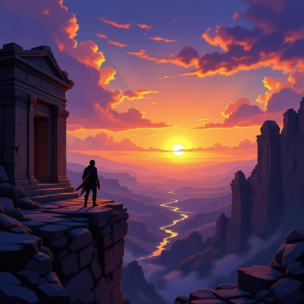 Adventurer at Ancient Ruins at Sunset