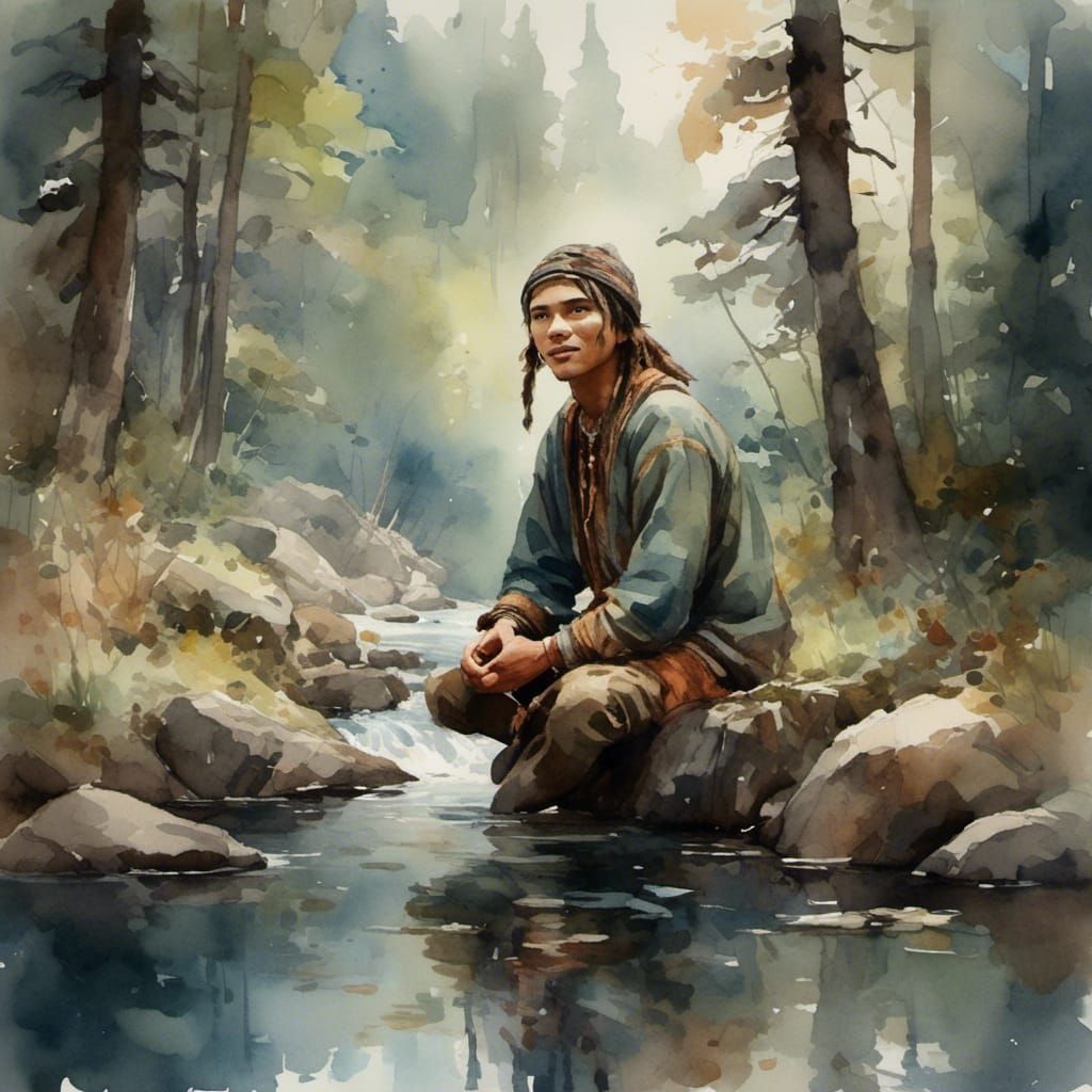 Prehistoric Shaman in Forest, Antique Watercolor