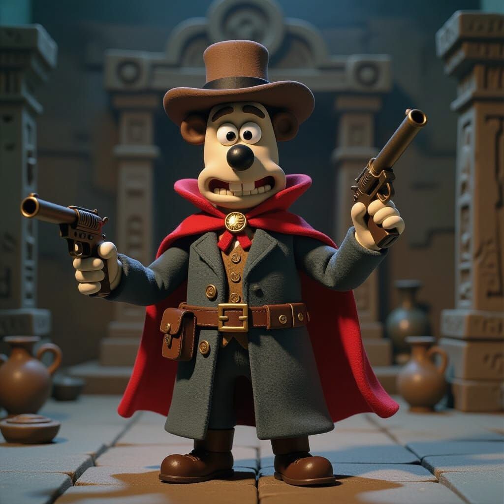 Claymation Bear Superhero Adventurer in Ruined Temple