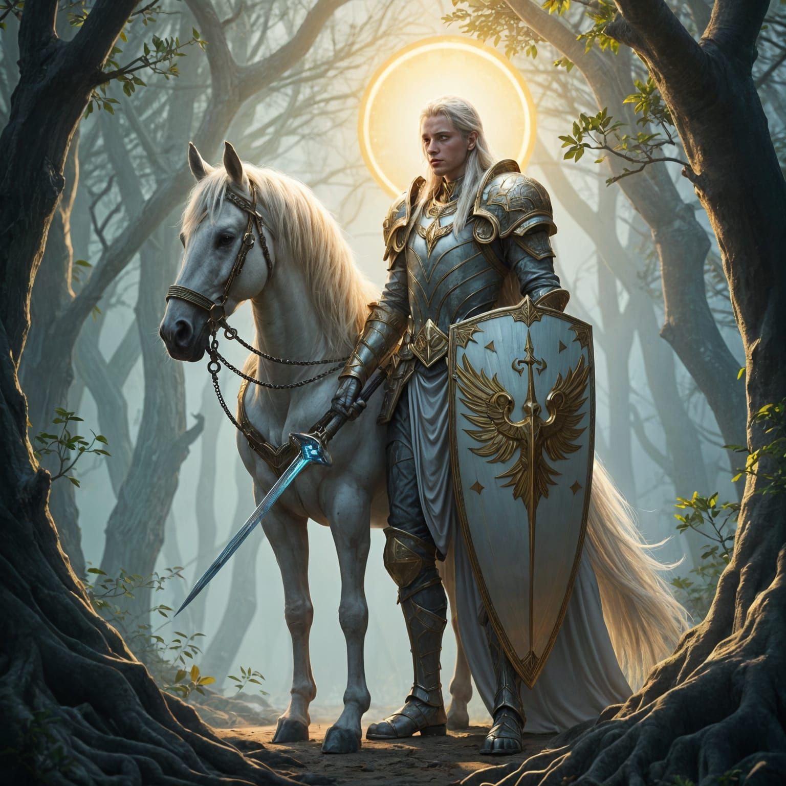 Divine Paladin Radiates Golden Light in Moody Forest Landsca...